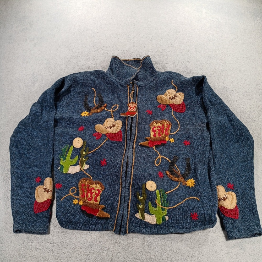 Tiara International Women Western Cardigan Blue Large Embroidered Zip Up Sweater